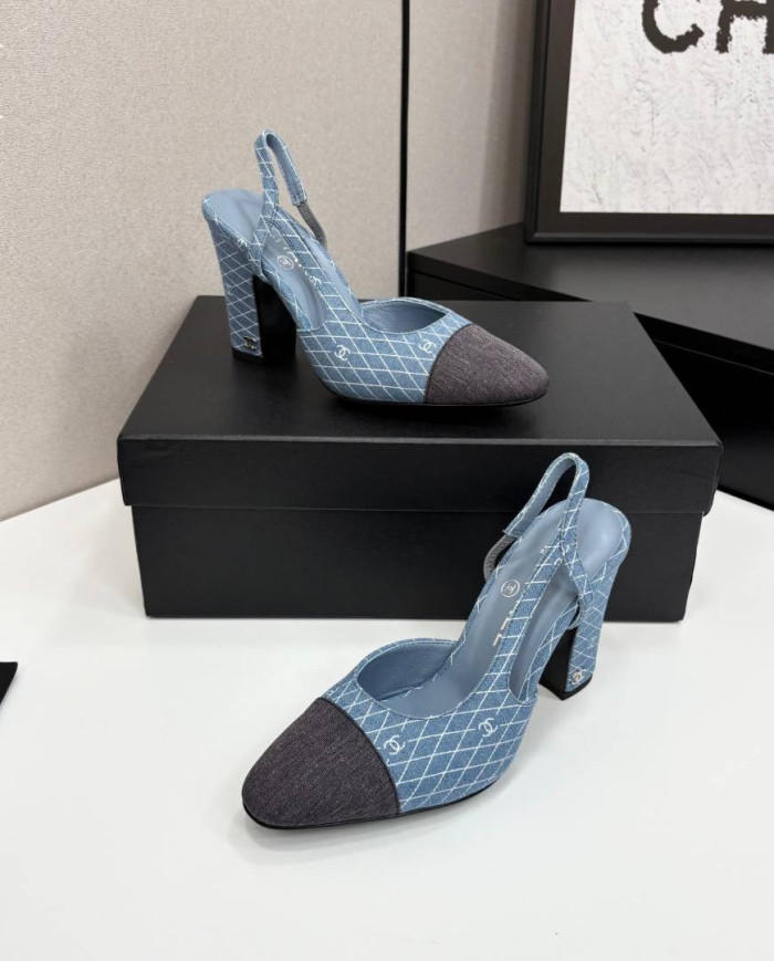 Chanel Denim Quilted Chunky Heel Slingback Pumps