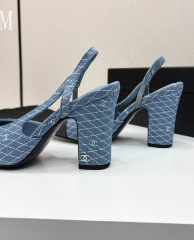 Chanel Denim Quilted Chunky Heel Slingback Pumps