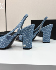 Chanel Denim Quilted Chunky Heel Slingback Pumps