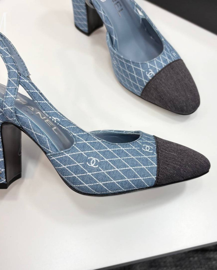 Chanel Denim Quilted Chunky Heel Slingback Pumps
