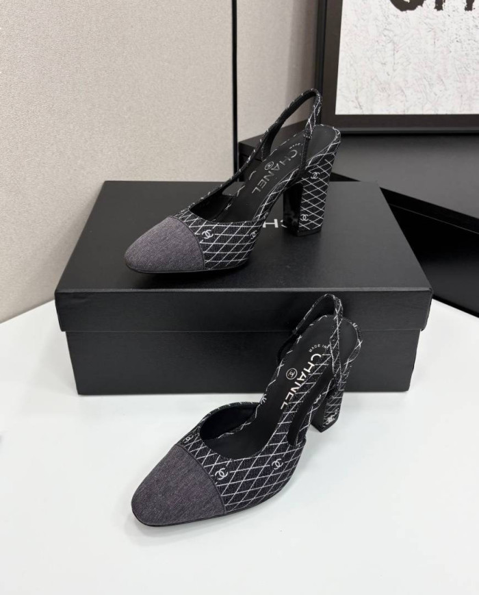 Chanel Denim Quilted Chunky Heel Slingback Pumps