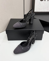 Chanel Denim Quilted Chunky Heel Slingback Pumps