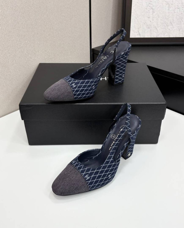 Chanel Denim Quilted Chunky Heel Slingback Pumps