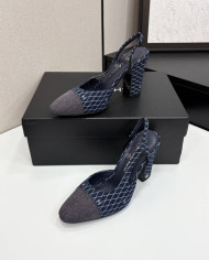 Chanel Denim Quilted Chunky Heel Slingback Pumps