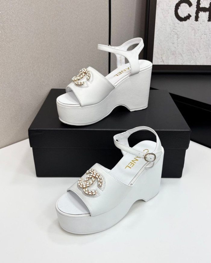 Chanel Rhinestone Double C Platform Wedge Sandals
