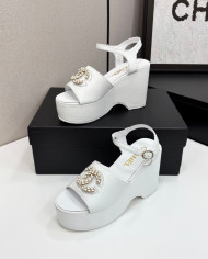 Chanel Rhinestone Double C Platform Wedge Sandals