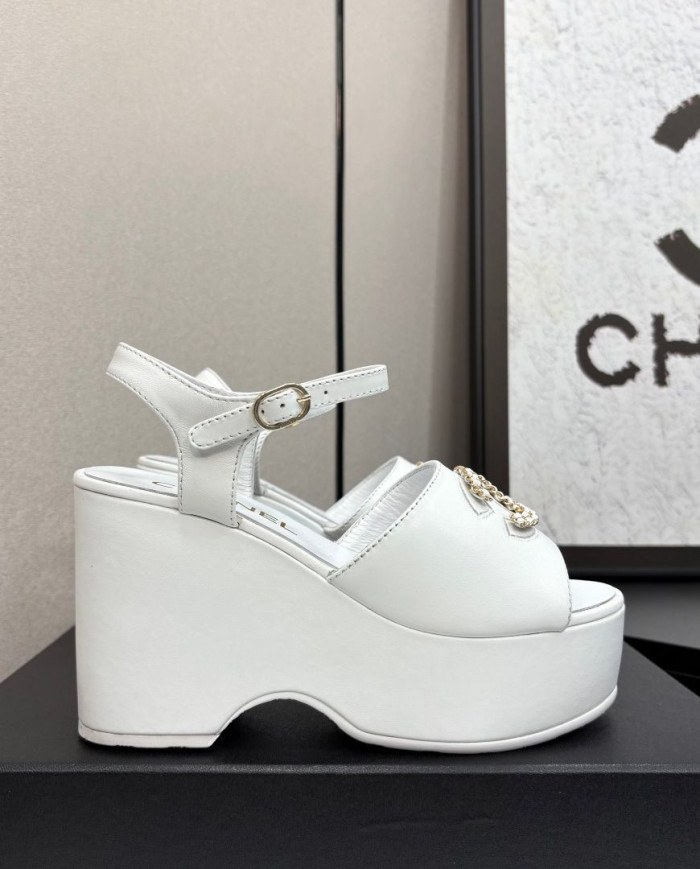 Chanel Rhinestone Double C Platform Wedge Sandals