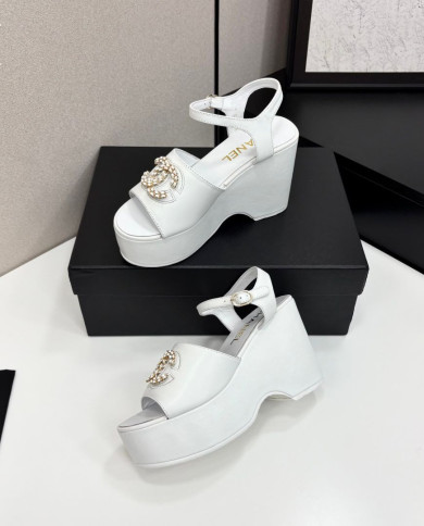 Chanel Rhinestone Double C Platform Wedge Sandals