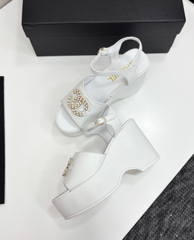 Chanel Rhinestone Double C Platform Wedge Sandals