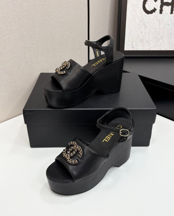 Chanel Rhinestone Double C Platform Wedge Sandals