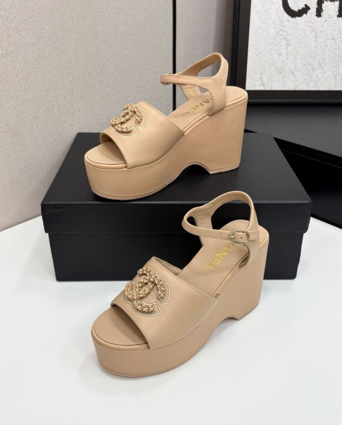 Chanel Rhinestone Double C Platform Wedge Sandals