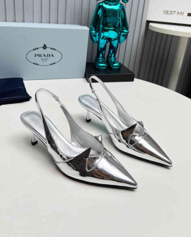 Prada Women's Silver Pointed Toe Kitten Heel Slingback Sandals