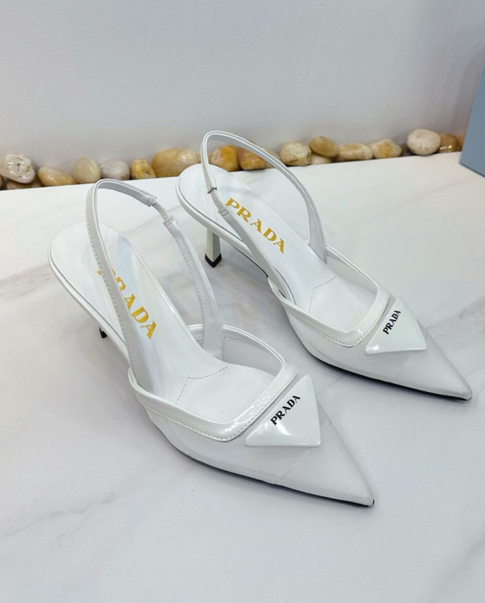 Prada Women's White Pointed Toe Kitten Heel Slingback Sandals