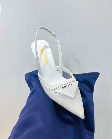 Prada Women's White Pointed Toe Kitten Heel Slingback Sandals