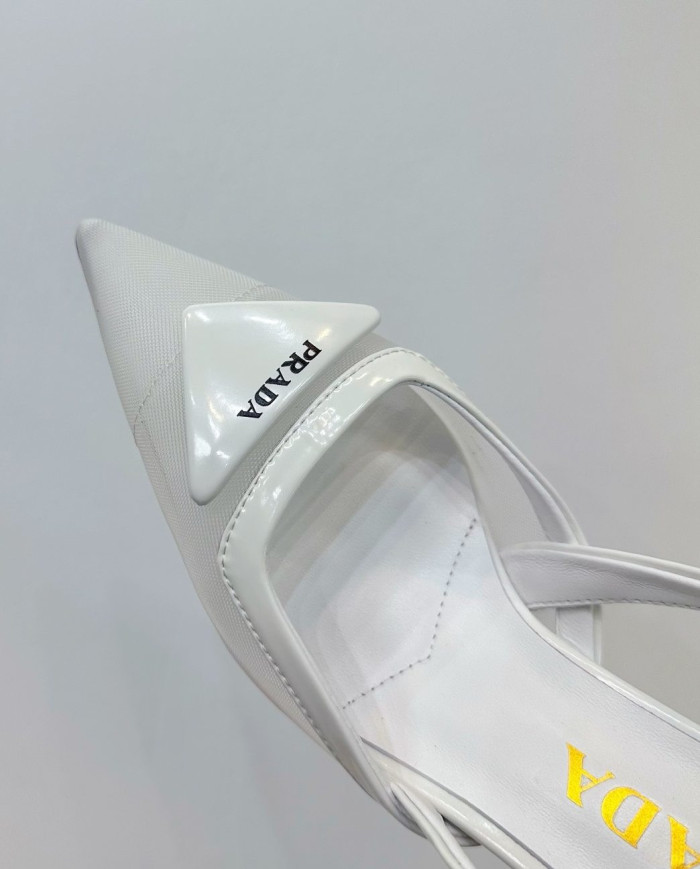 Prada Women's White Pointed Toe Kitten Heel Slingback Sandals