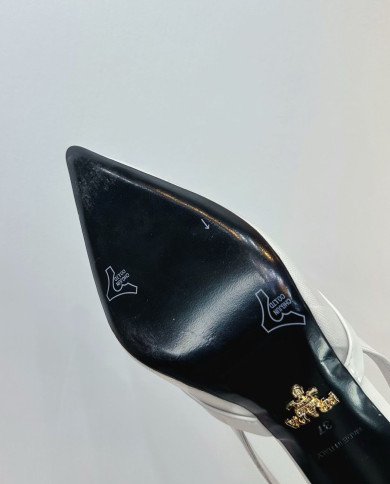 Prada Women's White Pointed Toe Kitten Heel Slingback Sandals