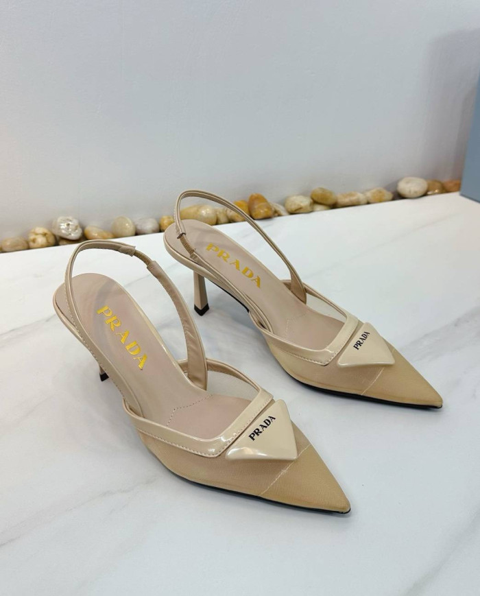 Prada Women's White Pointed Toe Kitten Heel Slingback Sandals