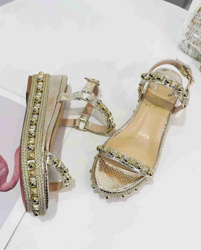 Christian Louboutin Women's Gold Studded Platform Wedge Sandals