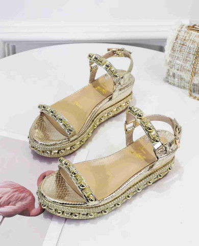 Christian Louboutin Women's Gold Studded Platform Wedge Sandals