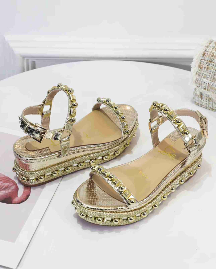 Christian Louboutin Women's Gold Studded Platform Wedge Sandals