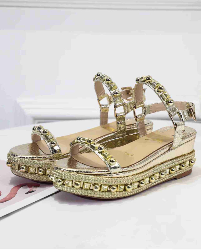 Christian Louboutin Women's Gold Studded Platform Wedge Sandals