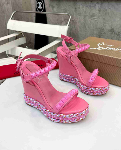 Christian Louboutin Pink Patent Leather Espadrille Wedge Sandals