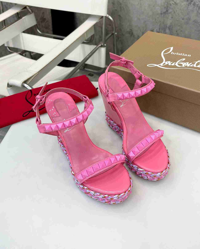 Christian Louboutin Pink Patent Leather Espadrille Wedge Sandals