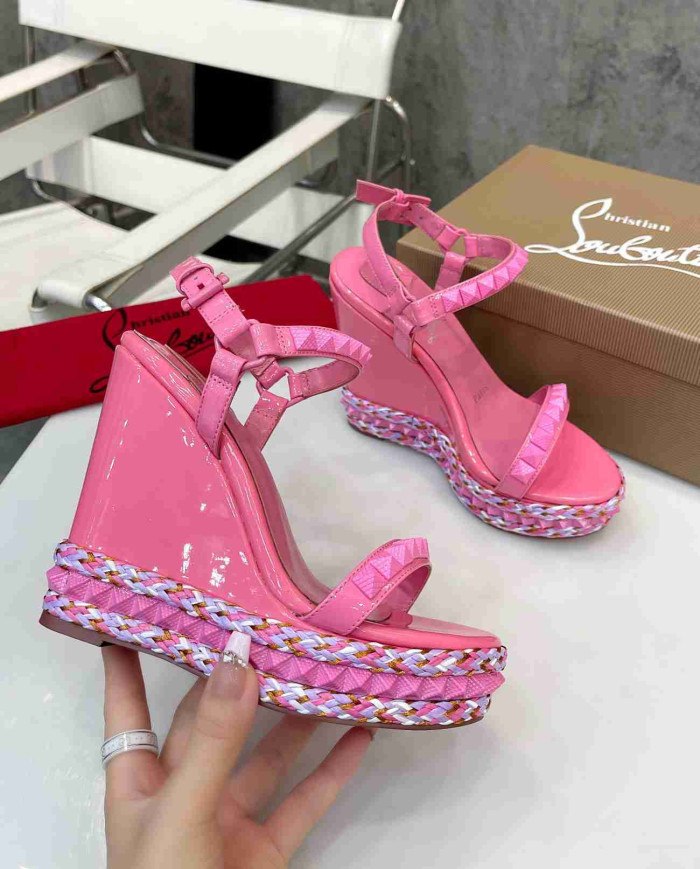 Christian Louboutin Pink Patent Leather Espadrille Wedge Sandals