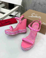 Christian Louboutin Pink Patent Leather Espadrille Wedge Sandals