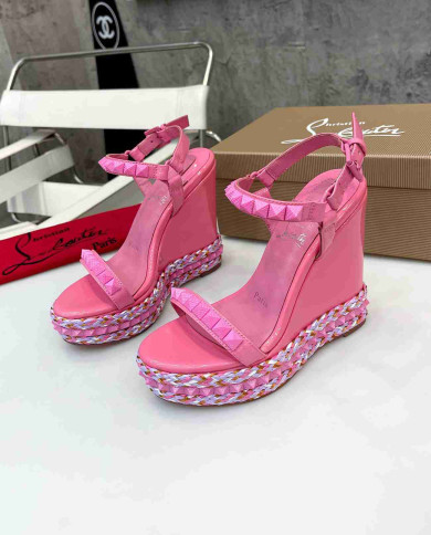 Christian Louboutin Pink Patent Leather Espadrille Wedge Sandals