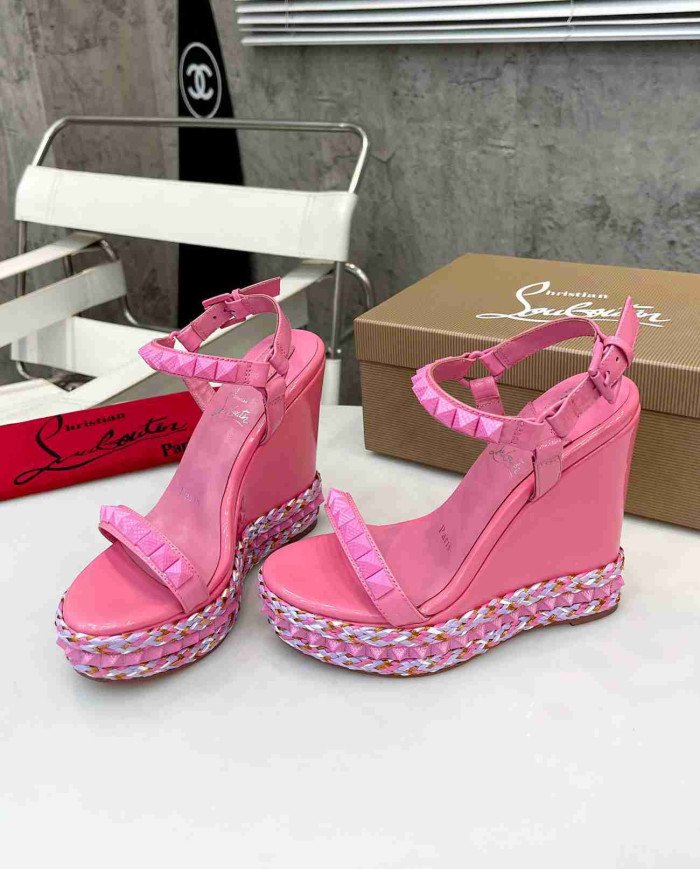 Christian Louboutin Pink Patent Leather Espadrille Wedge Sandals
