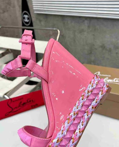 Christian Louboutin Pink Patent Leather Espadrille Wedge Sandals