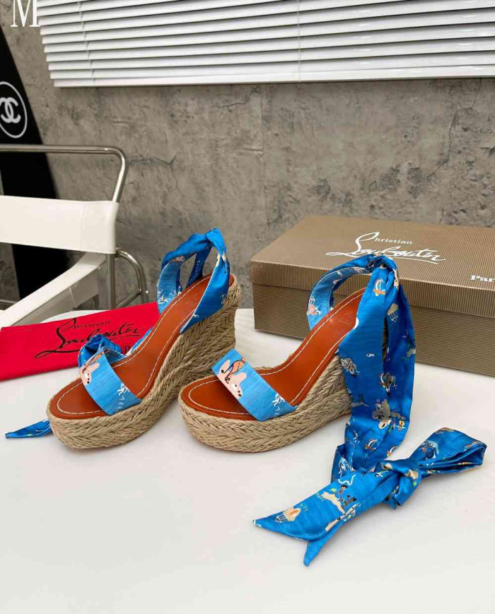 Christian Louboutin Printed Silk Scarf Tie Espadrille Sandals