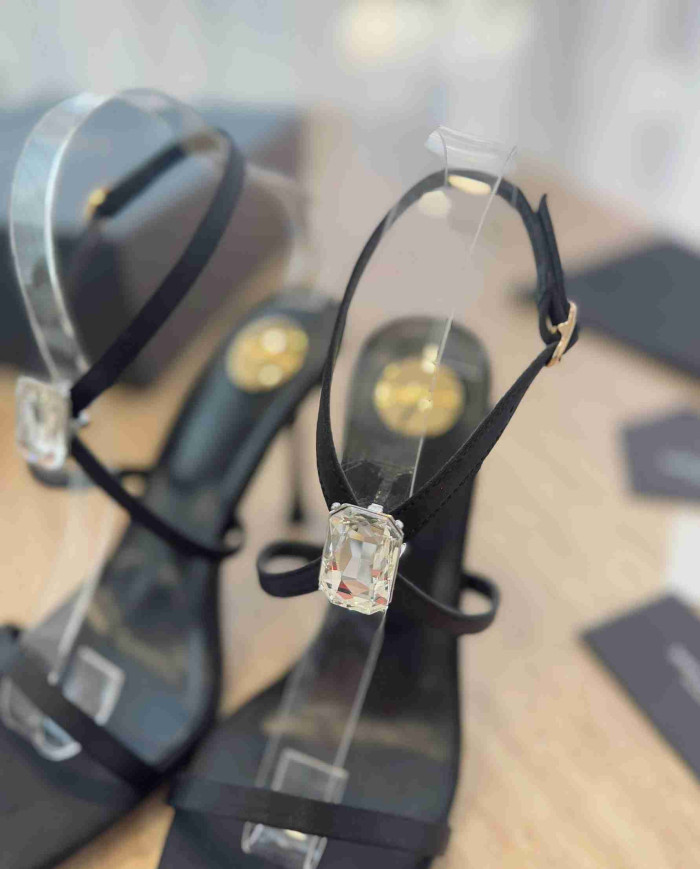 Saint Laurent Rhinestone Square Toe High Heel Sandals