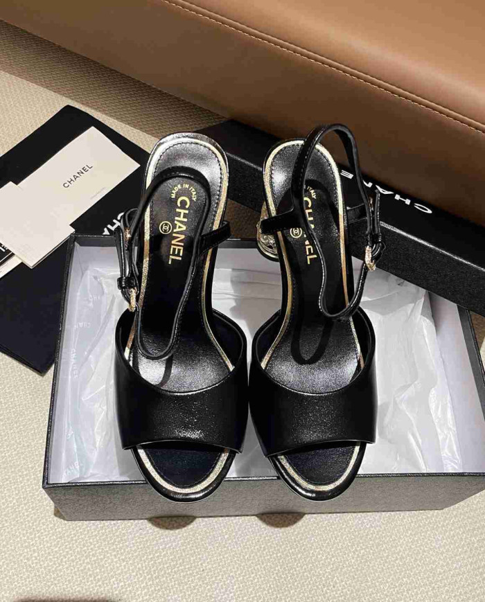 Chanel Women's Peep Toe Embellished Block Heel Sandals