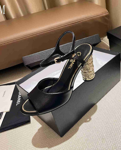 Chanel Women's Peep Toe Embellished Block Heel Sandals