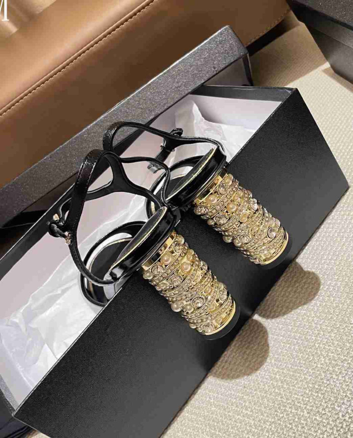 Chanel Women's Peep Toe Embellished Block Heel Sandals