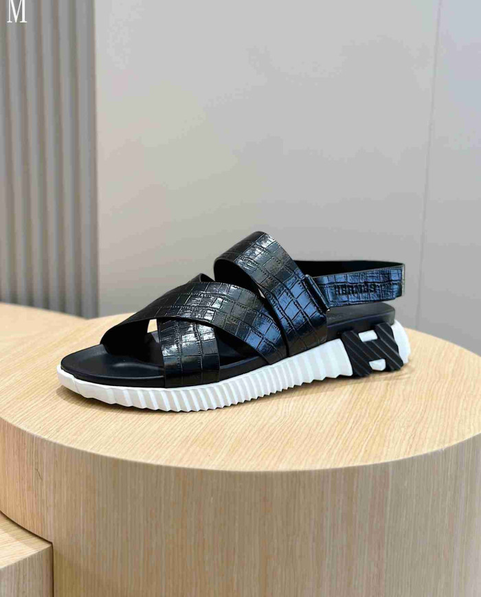 Hermes Croc Embossed Cross Strap Sandals