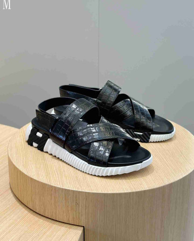 Hermes Croc Embossed Cross Strap Sandals