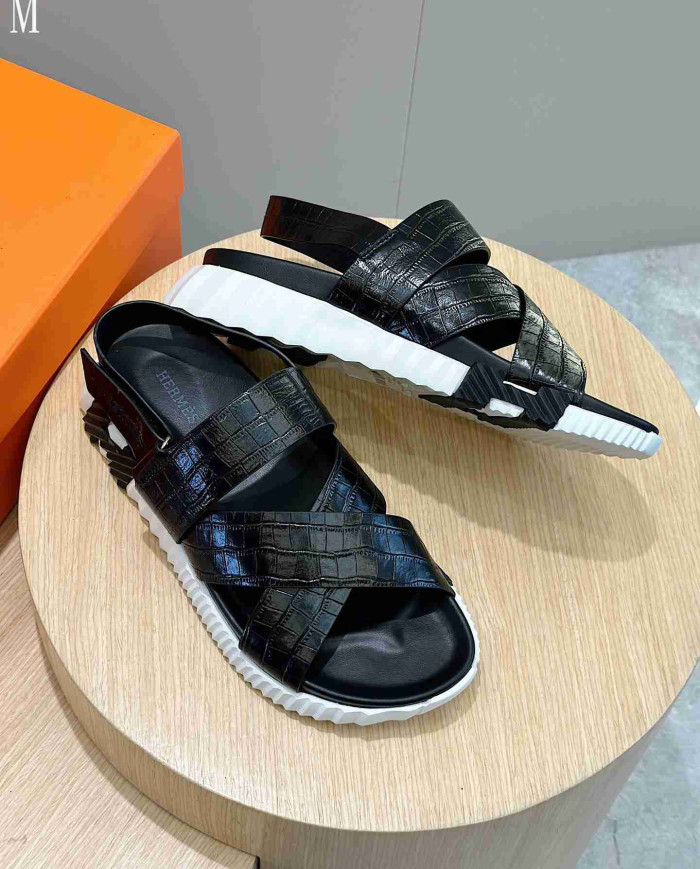 Hermes Croc Embossed Cross Strap Sandals
