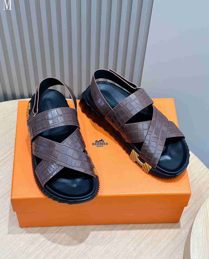 Hermes Croc Embossed Cross Strap Sandals