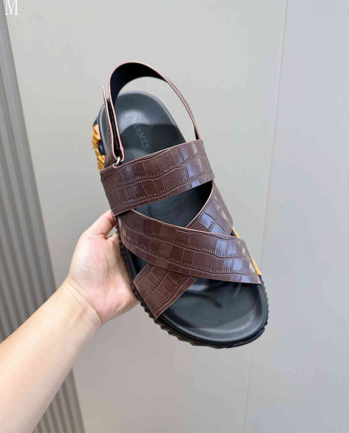 Hermes Croc Embossed Cross Strap Sandals