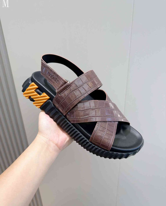 Hermes Croc Embossed Cross Strap Sandals