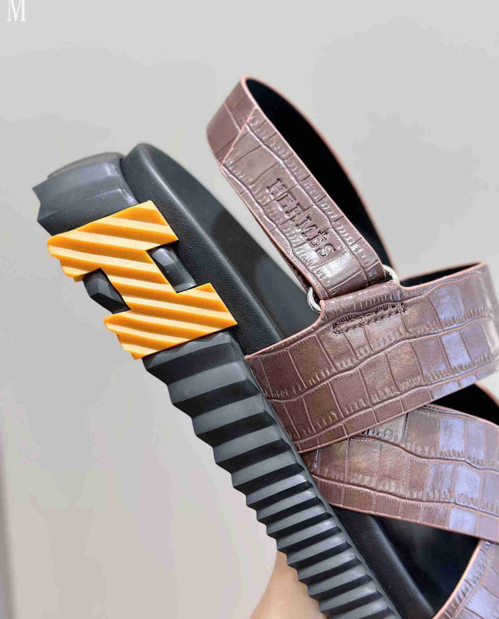 Hermes Croc Embossed Cross Strap Sandals