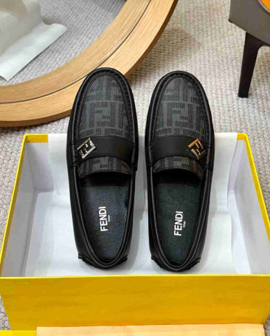 Fendi FF Logo Print Leather Men's Casual Loafers