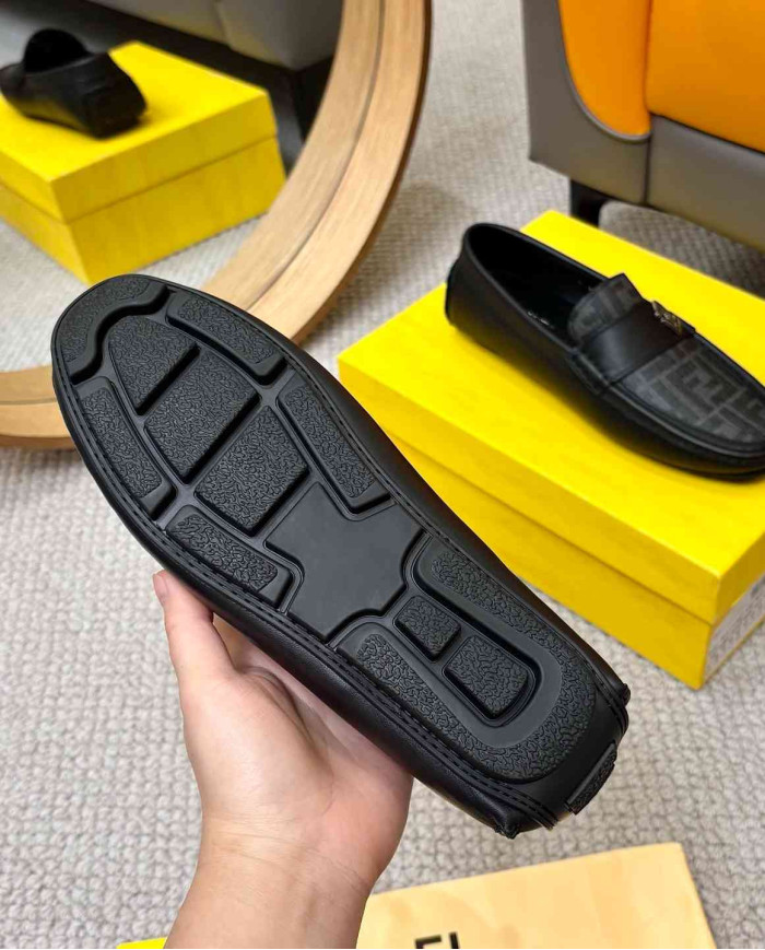 Fendi FF Logo Print Leather Men's Casual Loafers