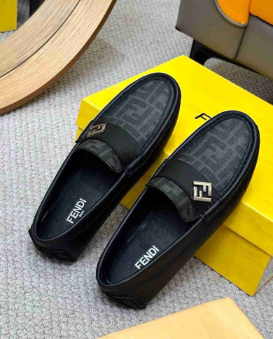 Fendi FF Logo Print Leather Men's Casual Loafers